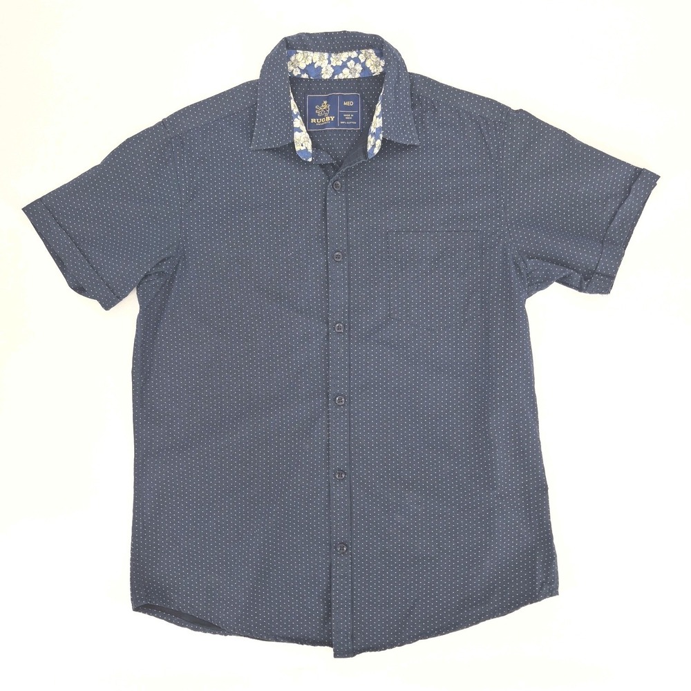 Rugby University Men's Shirt Short‎ Sleeve Navy Blue White Micro Dot Sz M